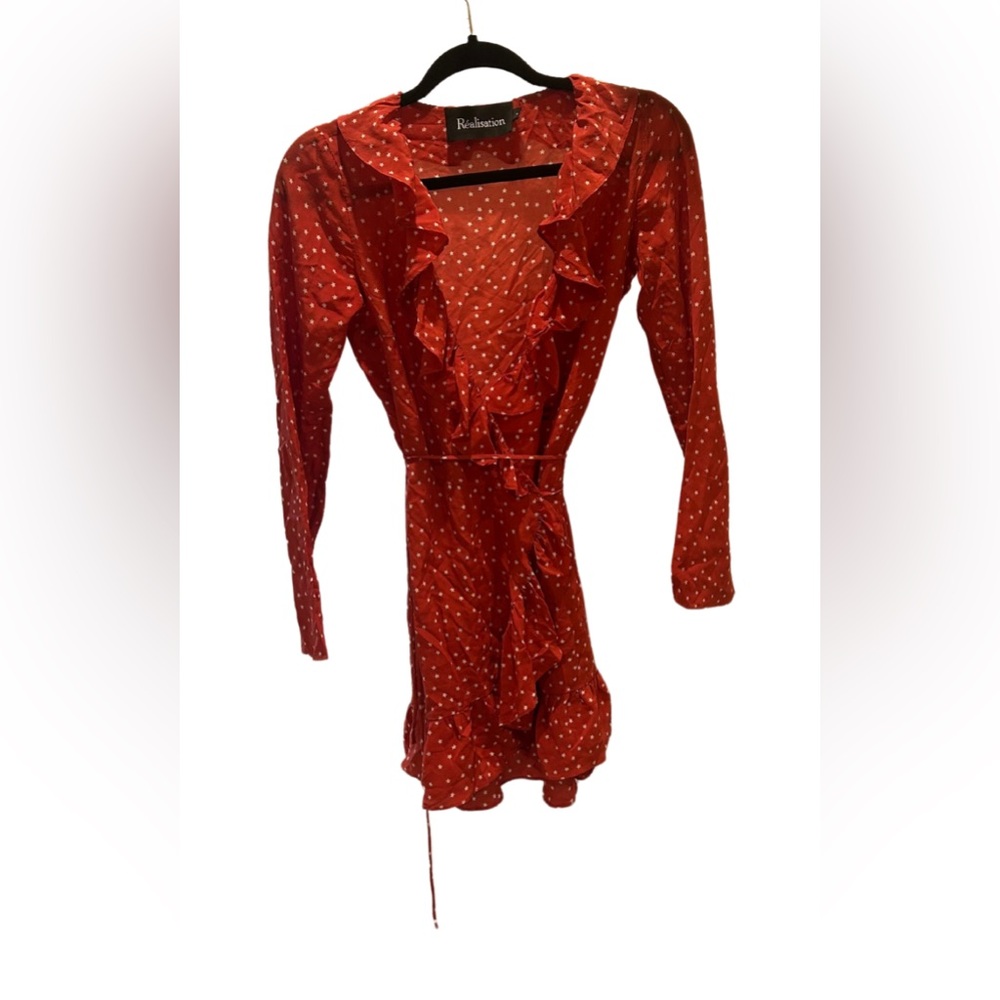 Realisation Par The Alexandra Silk Wrap Mini Dress | Red/White Star | Size Small - Picture 2 of 5